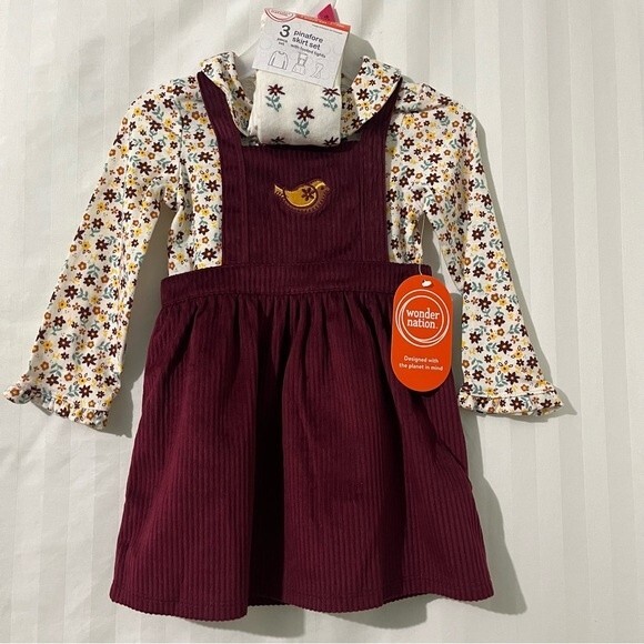 Wonder Nation Baby Girl Pinafore Dress Set 3-Piece Size 18M - Picture 4 of 6